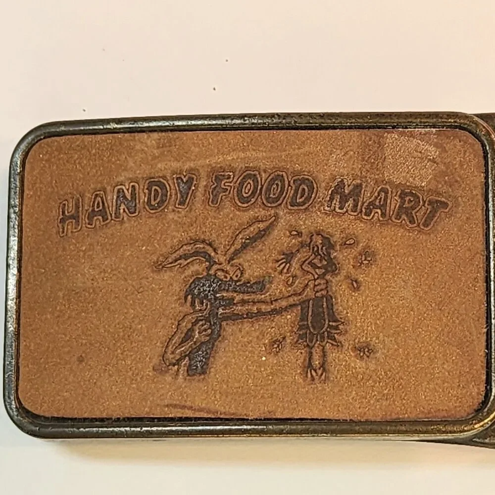 Vintage Handy Food Mart Belt Buckle Leather Brass? Looney Tunes Coyote Retro